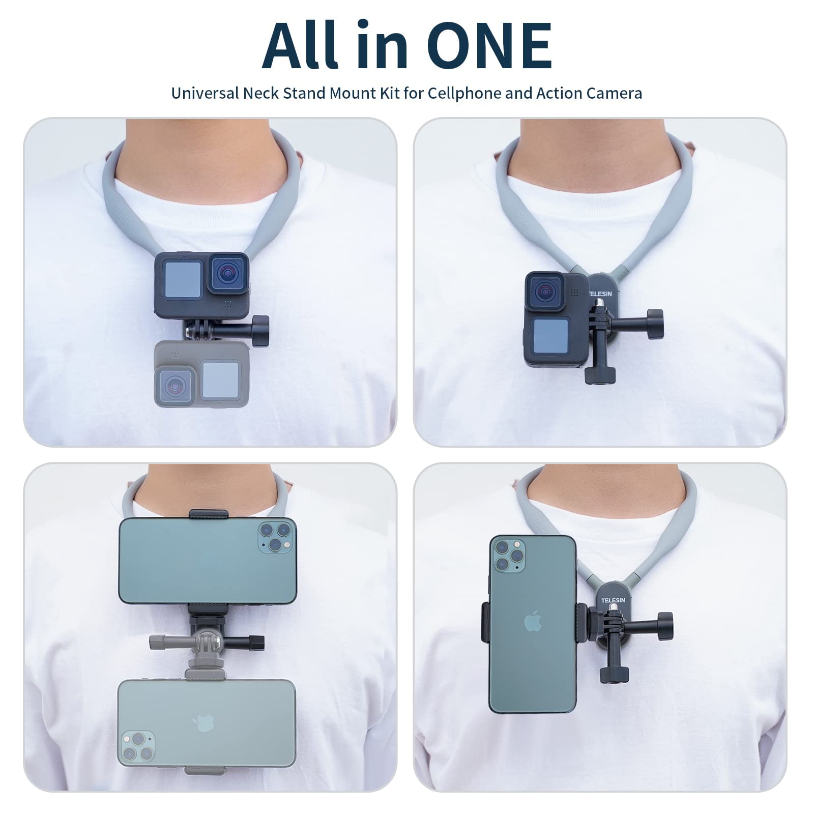 Telesin Magnetic Neck Mount Kit With Phone Clip Vertical Adapter, Pov Selfie Necklace Holder Lanyard Strap For Dji Osmo Action 5 Pro Gopro 13 12 11 10 9 8 Insta360 X3 Go3 Ace Pro Action 3 4 Pocket